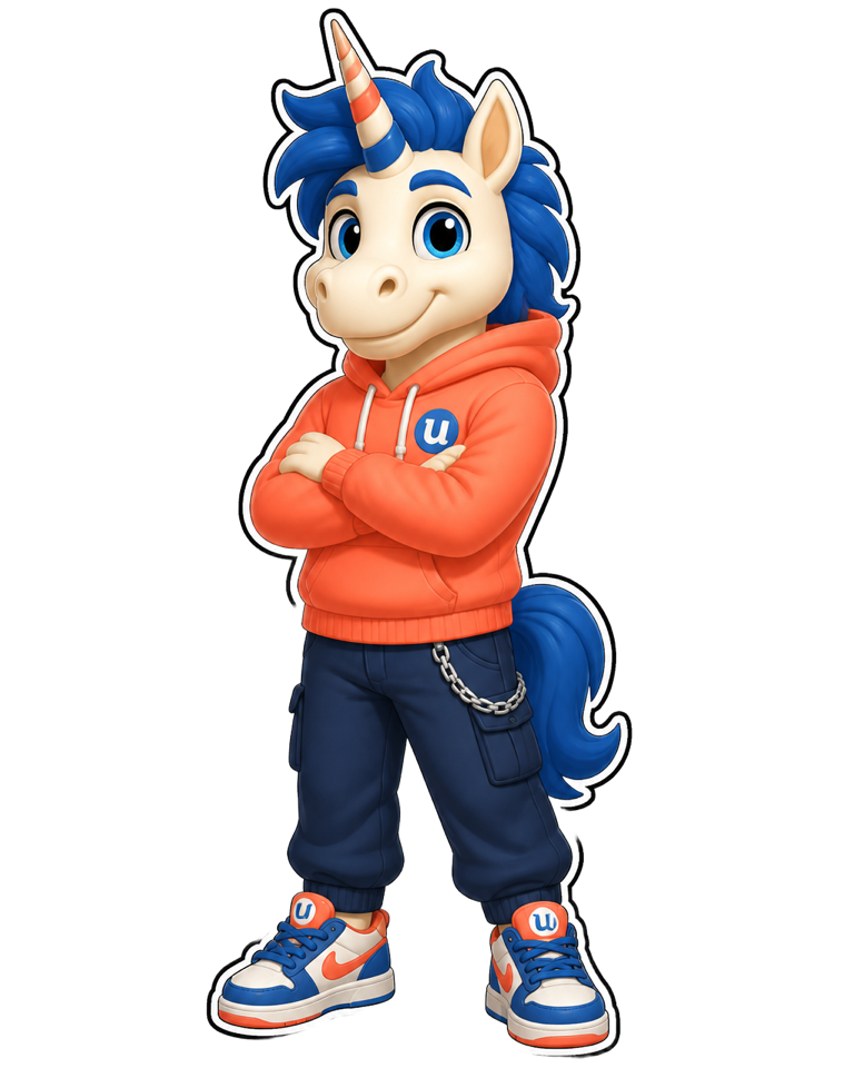 Unickorn, the uNickorns mascot: a blue-maned unicorn in a coral hoodie standing with arms crossed